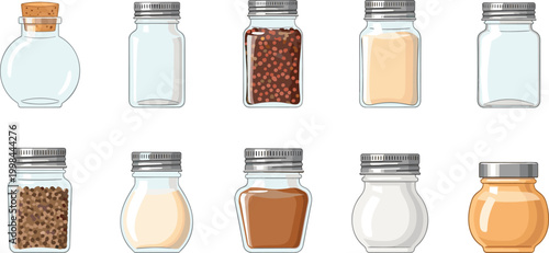 Glass Spice Jar Vector Set Featuring Multiple Clear Glass Containers With Metal Caps And Cork For Kitchen Seasoning Storage And Organization Graphic Designs