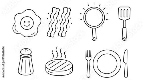 Breakfast meal icons set showing fried egg bacon skillet spatula salt and plate.