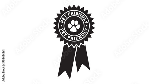 Badge pet friendly emblem with paw print icon and ribbon rosette for animal welfare and friendly business branding featuring dog, cat, seal with
