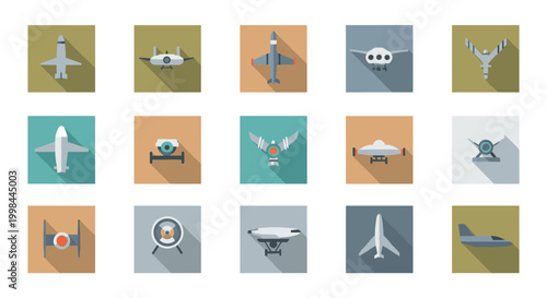 Collection of various airplane and aircraft illustrations in flat design style, featuring different models with long shadows, presented on colorful square blocks, ideal for