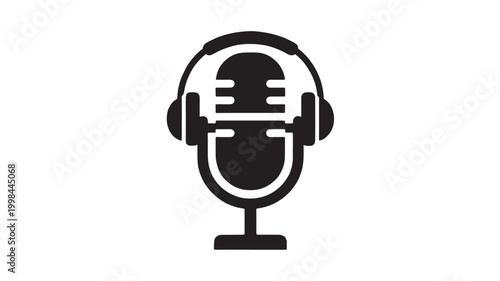 Microphone icon with headphones and studio sound waves for premium audio podcast streaming and broadcast branding design