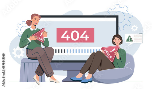 Women with 404 error. Young girls near computer with broken webpage. Bug in code or internet problem. Oops, something went wrong, page not found. Flat vector illustration