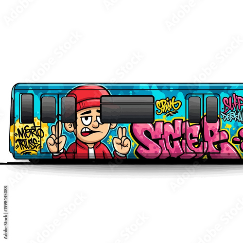 Vibrant urban graffiti art on a subway train car featuring a cool cartoon character