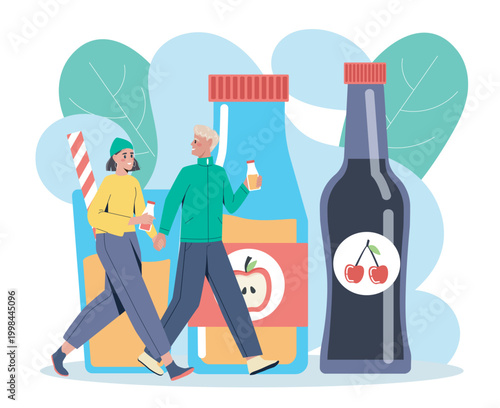 People with cold drinks. Man and woman walk near bottles of apple and cherry juice. Tropical cocktail. Soda or smoothie. Dessert, delicacy and beverage. Flat vector illustration