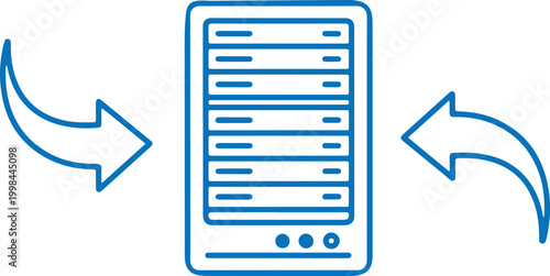 Server rack with arrows indicating data transfer server room transfer exchange information database computer technology download connection electronic hardware internet business abstract