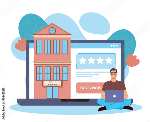 Man booking hotel. Young guy with laptop rents hotel room. Preparing for trip. Tourist reserves room or apartment for travel. Holiday and vacation. Flat vector illustration