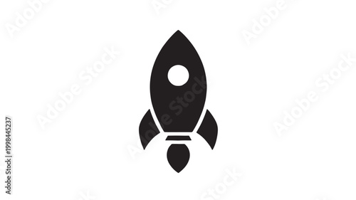 Rocket launch icon with flame shape and circular window, simple vector style for startup, space, and technology themes featuring emblem, logo, flat