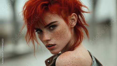 Red hair glows against soft, blurred background