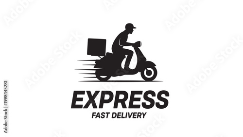 Delivery rider on scooter with package and speed lines, featuring the word EXPRES for fast delivery branding featuring express, courier, motorbike