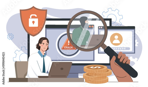Catching online fraudster. Woman sits at laptop and looks at robber through magnifying glass. Cybercrime and criminality on internet. Scammer steals personal data online. Flat vector illustration