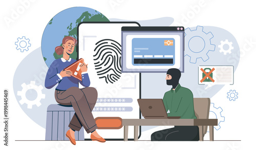 Cyber criminal concept. Masked man steals personal data online. Virus and fraud on internet. Scam and theft, phishing. Woman suffer from cybercrime. Flat vector illustration