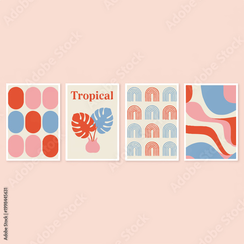 A Chic Collection of Mid-Century Modern Art Prints Featuring Abstract Shapes, Tropical Motifs, and Vibrant Retro Color Palettes for Stylish Home Decor