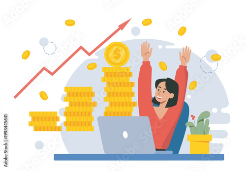 Successful freelancer concept. Happy woman sits near laptop and stacks of gold coins. Online earnings and digital payments. Businesswoman with money. Flat vector illustration