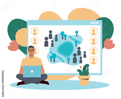 Game strategy concept. Man with laptop plays computer game. Turn based strategy and RPG. Entertainment and leisure, hobby. Gamer look at battlefield. Flat vector illustration