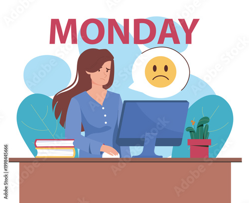 Girl doesnt like Mondays. Disgruntled woman sits at her desk. Lazy and tired employee. Emotional burnout and frustration. Boredom and depression. Flat vector illustration