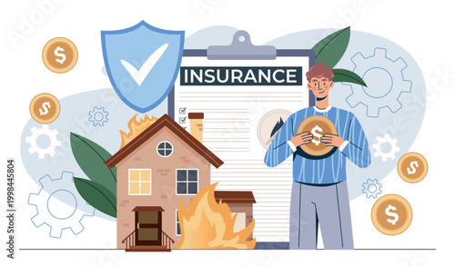 Insurance agent concept. Man with gold coin near burning building. Protection of real estate and private property. Coverage for apartment or house. Flat vector illustration