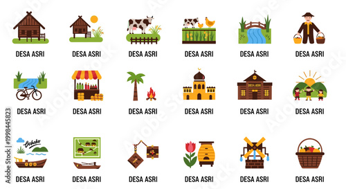 A vibrant collection of flat design illustrations depicting rural village life, showcasing houses, farms, people, a river, and various elements in a colorful, scalable vector