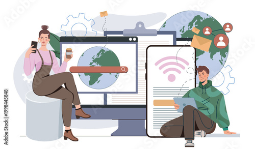International internet day. Man and woman near smartphone and computer. Wireless connection. Modern technologies and innovations. Users in cyberspace. Flat vector illustration