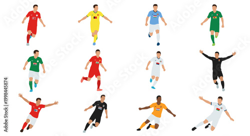 Dynamic soccer players in action, showcasing diverse team colors and energetic poses against a clean white backdrop, perfect for sports-themed projects and commercial applications.