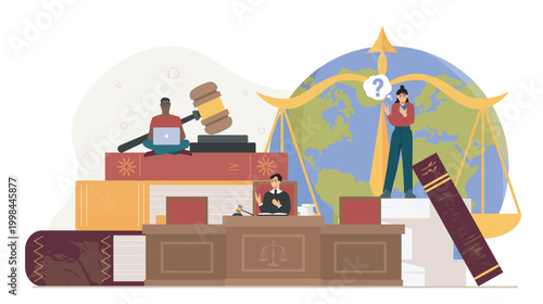 Law firm services. Men and woman near judges gavel, scales and stack of books. Law regulations and legal transactions. Judge, notary, and lawyer. Flat vector illustration