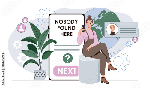 Nobody found here. Woman with smartphone near mens profile. Communication in social networks and messengers. Status in social media account. Flat vector illustration