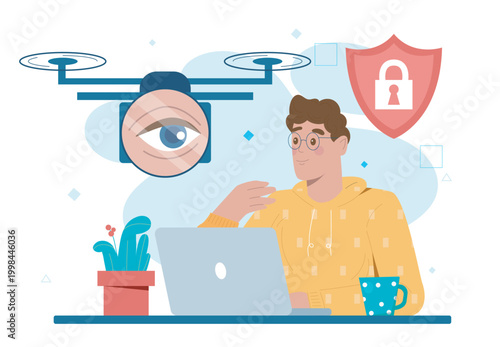 Man under surveillance. Young guy with laptop sits under camera. CCTV at workplace for monitoring. Pressure on employee and violation of civil rights. Flat vector illustration
