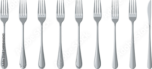 Silver Metal Fork Vector Set Featuring Multiple Stainless Steel Cutlery Designs And A Knife For Kitchen Dining Tableware Restaurant And Cooking Graphic Designs