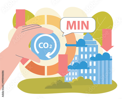 Oxygen in city. Hand near CO2 meter and urban architecture. Carbon pollution of atmosphere. Environmental emissions. Caring for nature and ecology. Flat vector illustration