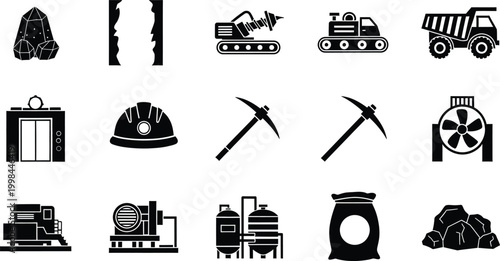 Set of black mining and construction industry icons for heavy machinery and equipment