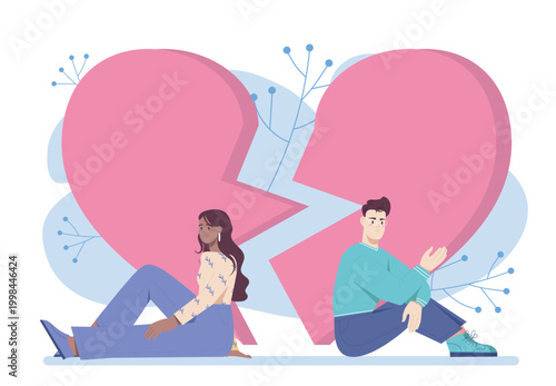 Couple separation concept. Man and woman sit near halves of heart. Quarrel, conflict, and scandal. Depression and frustration. Divorced pair. Flat vector illustration