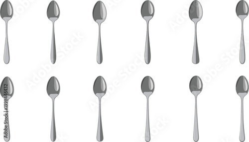 Silver Metal Spoon Vector Set Featuring Multiple Glossy Stainless Steel Spoons For Kitchen Dining Tableware Restaurant And Cooking Graphic Designs