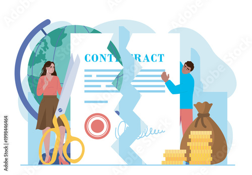 Termination of contract. Man and woman tear up document. Businessman and entrepreneur break off deal. Dismissal and resignation, disagreement. Flat vector illustration