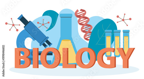 Biology poster concept. Microscope near test tubes with yellow reagent. Chemical research in laboratory. Studying structure of gene. Banner for website. Flat vector illustration