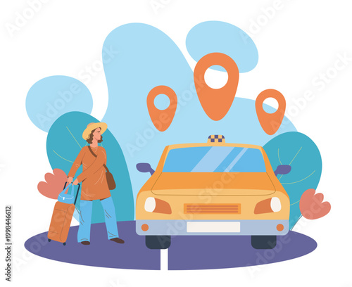 Woman waiting for taxi. Young girl with suitcase near yellow car. Traveler and tourist prepare to trip. Holiday and vacation, transportation. Flat vector illustration