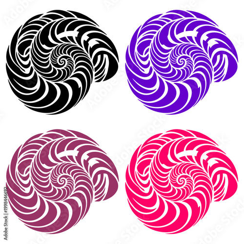 Collection of four stylized spiral seashell icons in black purple burgundy and pink colors perfect for nature marine and coastal design projects with a modern aesthetic