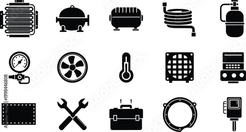 Set of black industrial and mechanical equipment icons for heating and cooling systems