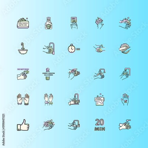 Hand washing hygiene tips illustration for health or Hand washing icons design on blue backdrop.