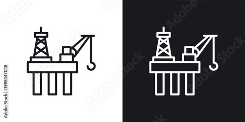 Photos Oil platform icons set in black and white stroke lines