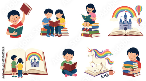 Children reading books and fairy tale castle with rainbow illustration collection.