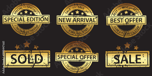 Golden grunge rubber stamps with important business messages like deadline, reminder, important, buy now, last day, best deal, dangerous, deadline extended. Isolated on transparent background. 