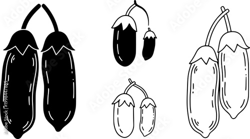 Legume icons. Solid black silhouette and line art outline. Minimal design element,
