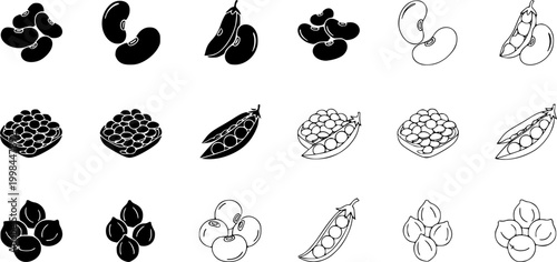 Legume icons. Solid black silhouette and line art outline. Minimal design element,
