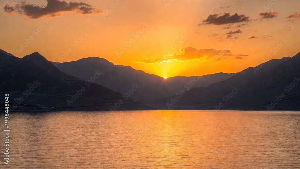 Fototapeta premium Golden sun dips behind rugged mountains