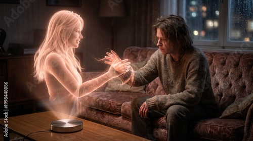 Couple connecting with holographic projection in living room