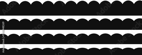 Scalloped edge seamless shapes vector set. Simple scalloped border. Simple scalloped border. Repeat vintage frill ornament. Texture ribbons isolated on white background. vector