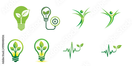 Green Energy and Wellness Icon Set: Eco-Friendly Light Bulbs, Abstract Healthy Human Figures, and Heartbeat Life Line with Leaves