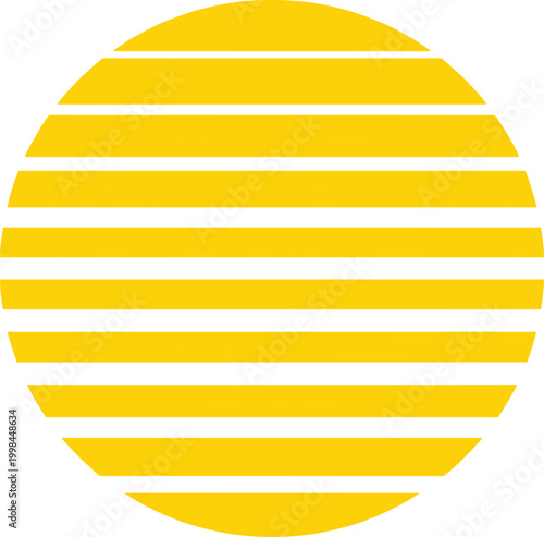 Yellow sun icon with horizontal stripes, isolated circular graphic element, modern geometric sunset symbol for minimalist creative design