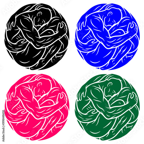 A set of four circular vector illustrations featuring a muscular man curled in a fetal position symbolizing self care mental health and protection available in black blue pink and green