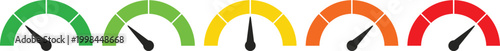 Speedometer gauge collection, colorful performance level indicators, dashboard measurement scales, progress dial icons from low to high with needles