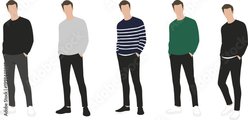 Minimalist faceless man silhouettes wearing casual sweaters and trousers set for modern lifestyle fashion and urban apparel design